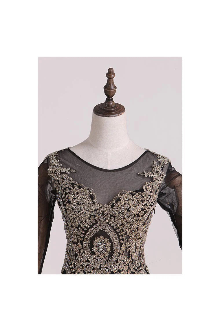 Mermaid Party Dresses/Evening Dresses Beaded Court Train Long Sleeves Scoop